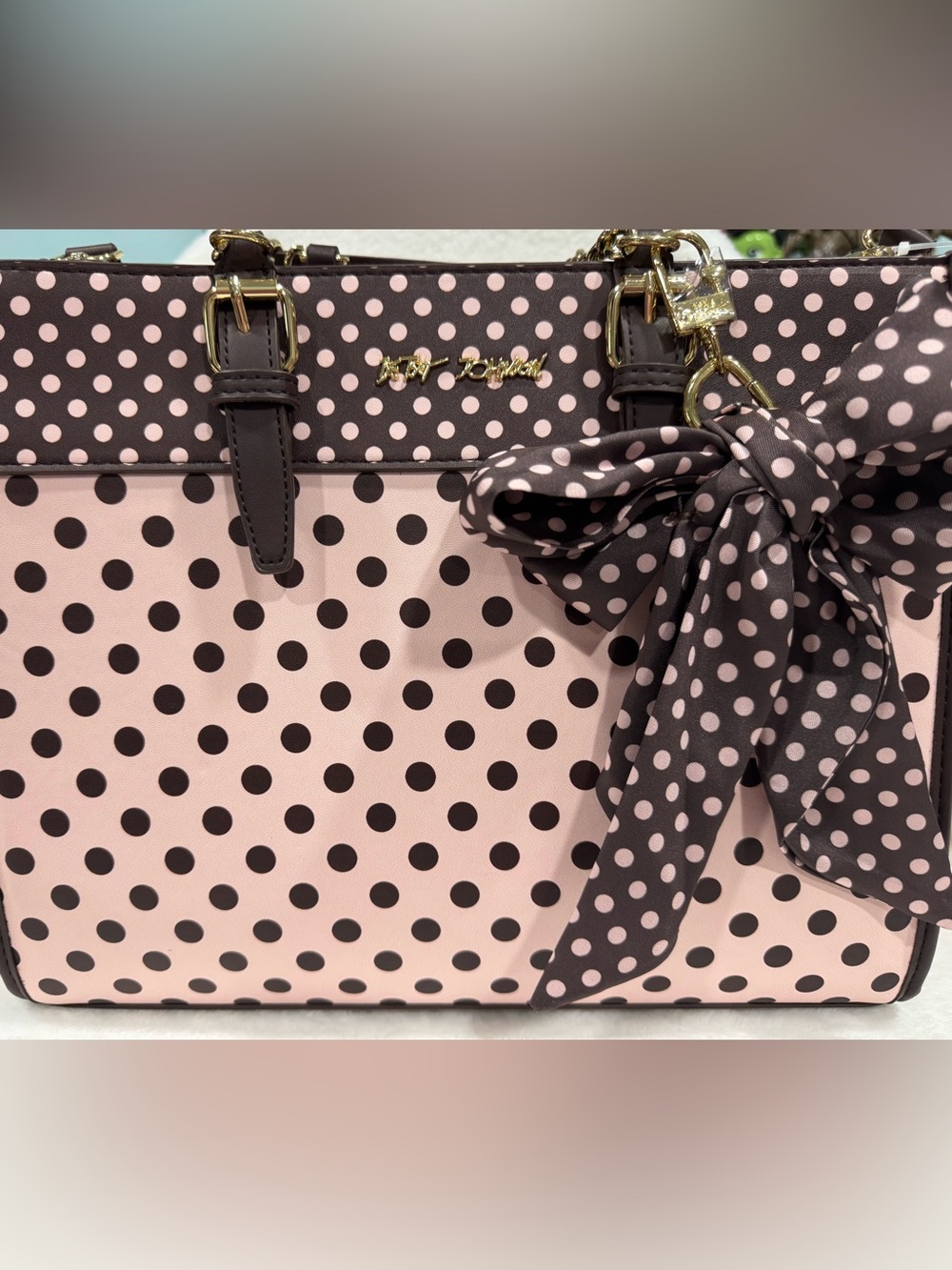 NWOT Betsey Johnson- Polka Dot Tote Bag with Bow - Pink & Brown